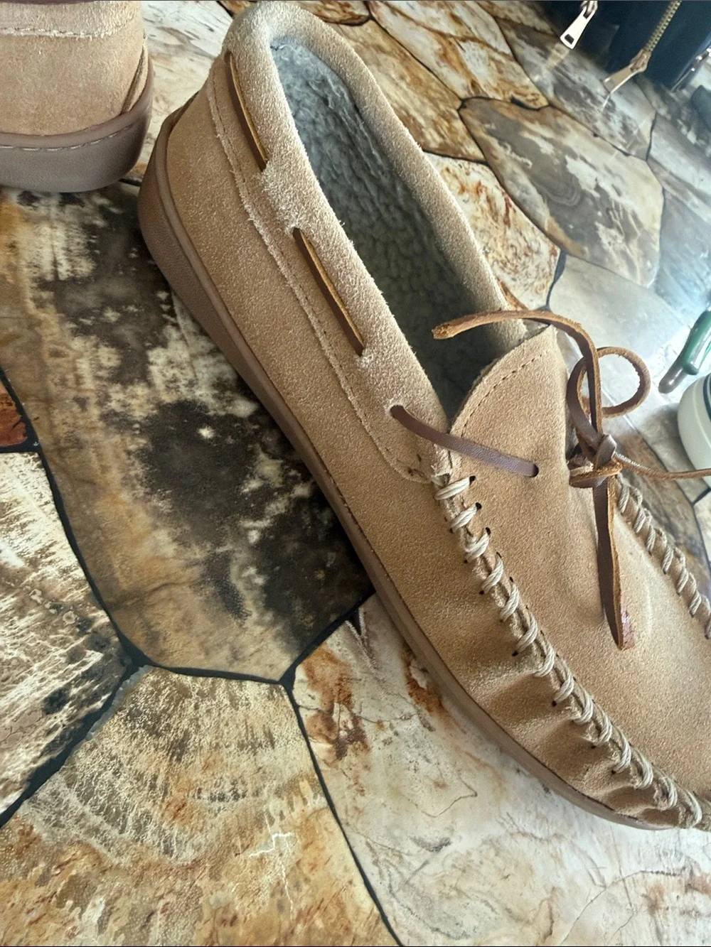 Minnetonka Chestnut Suede Moccasin Slipper with Shearling Lining